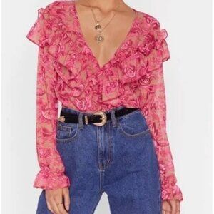 New without Tags Nasty Gal Cause A Stir Floral Ruffle Pink Blouse Size 2